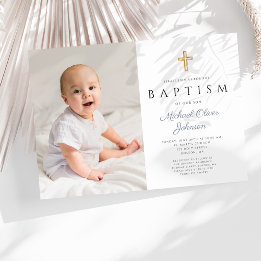 Invitation Baptême Photo Garçon Croix Script Bleu Poussiéreux