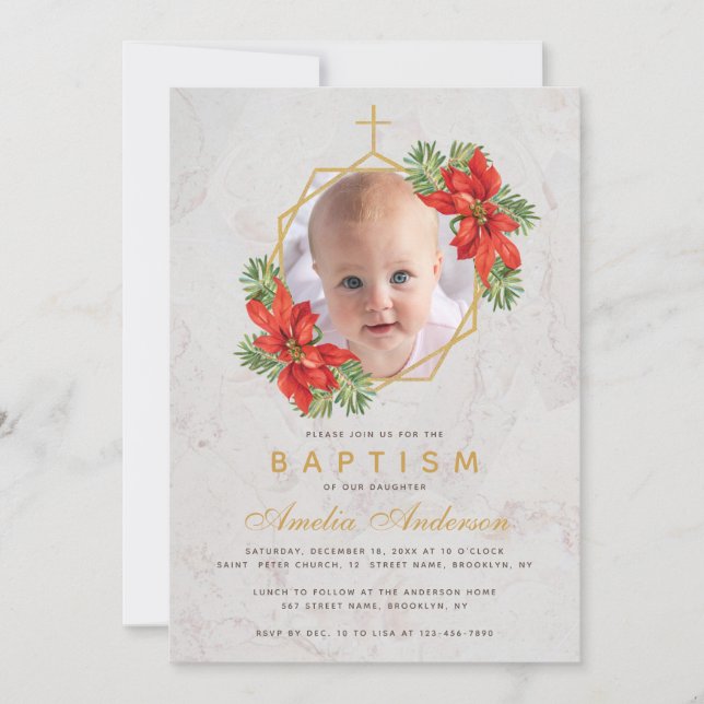 Invitation Baptême Photo Hiver Poinsettia Marbre Or Floral (Devant)