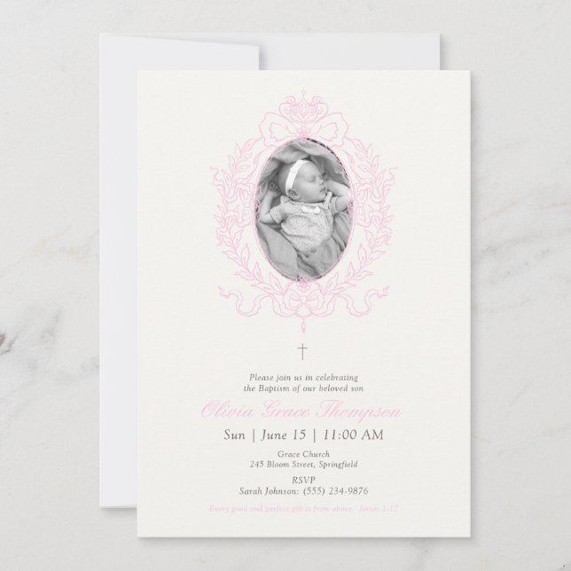 Invitation Baptême Photo Personnalisée Rose (Devant)