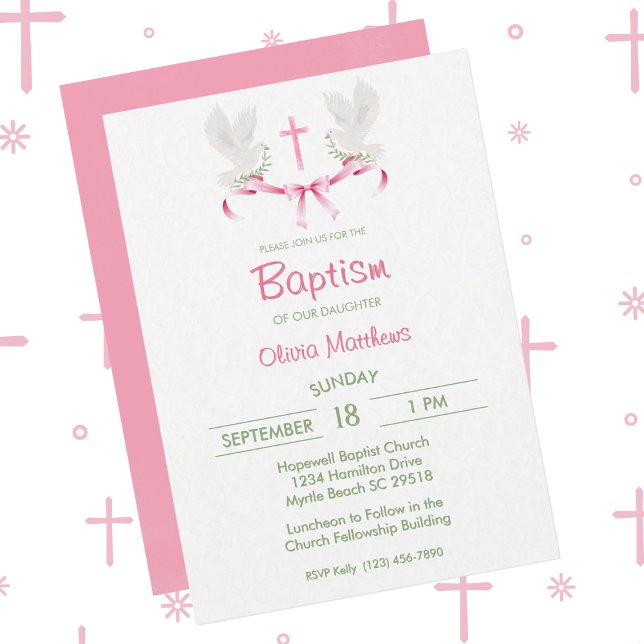 Invitation Baptême Pink Cross Doves filles (Créateur téléchargé)