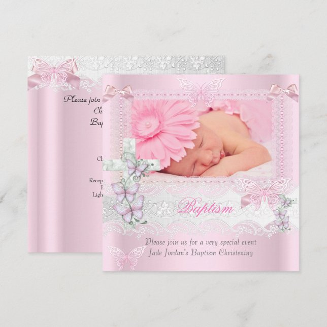 Invitation Baptême Pink Dentelle Photo Papillon Croix Fille 2 (Devant / Derrière)