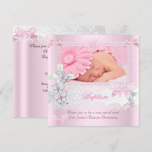 Invitation Baptême Pink Dentelle Photo Papillon Croix Fille 2