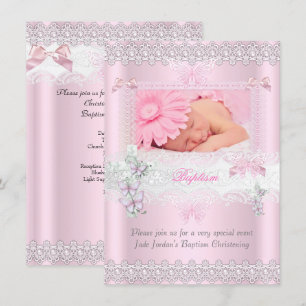 Invitation Baptême Pink Dentelle Photo Papillon Croix Fille 3