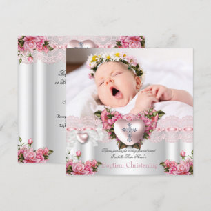 Invitation Baptême Pink Silver Photo Coeur Croix Fille Rose 2