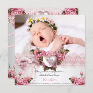 Invitation Baptême Pink Silver Photo Coeur Croix Fille Rose 4