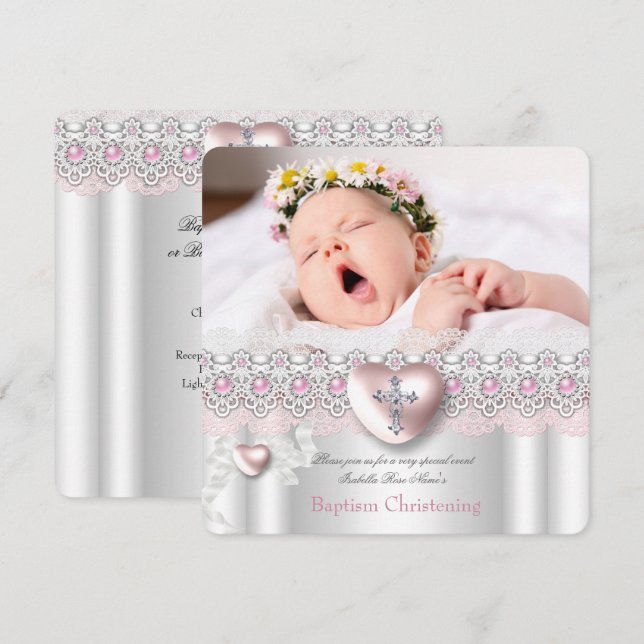 Invitation Baptême Pink Silver Photo Coeur Croix Girl Pearl (Devant / Derrière)