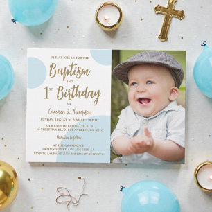 Invitation Baptême pour 1er anniversaire Photo Bleu Or Person