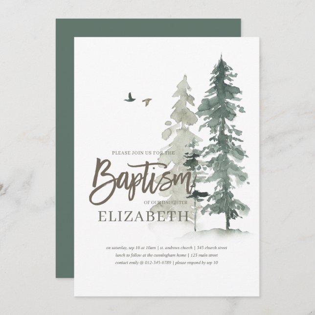 Invitation Baptême Pour Elle | Aquarelle Pine Arbres (Devant / Derrière)