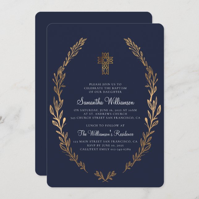 Invitation Baptême Pour Ses Faux Gold Foliage Bleu (Devant / Derrière)