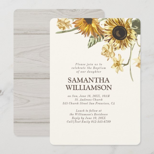 Invitation Baptême Pour Ses Florales De Tournesols Rustiques (Devant / Derrière)