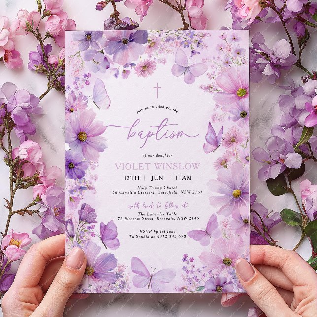 Invitation Baptême pourpre Papillon Floral Christening Girl (Purple Floral Butterfly Baptism Invitation with cross. )