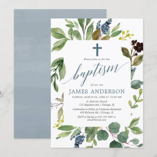 Invitation Baptême poussiéreux de garçon bleu de feuille vert