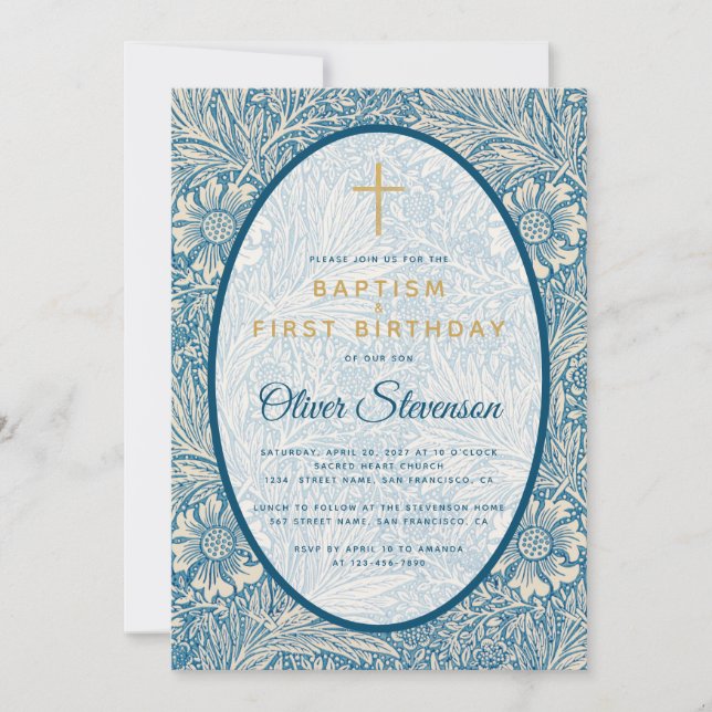 Invitation Baptême Premier anniversaire Bleu Blanc Floral Mar (Devant)