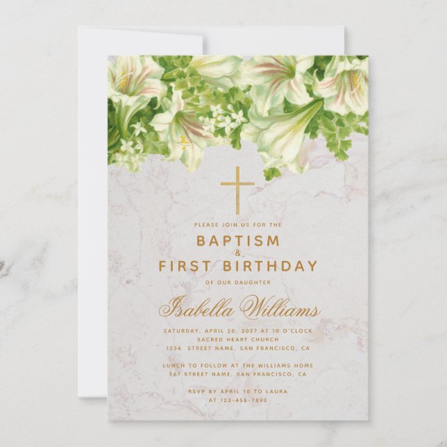 Invitation Baptême Premier anniversaire Lilies Marbre Croix d (Devant)