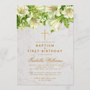 Invitation Baptême Premier anniversaire Lilies Marbre Croix d