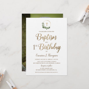 Invitation Baptême premier anniversaire Photo Wreath Gold Cro
