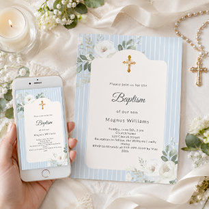 Invitation Baptême rayures bleu poussiéreux fleurs blanches g