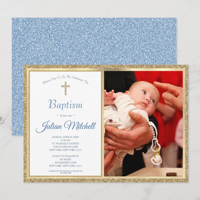 Invitation Baptême religieux Christening Gold Blue Baby Boy (Devant / Derrière)