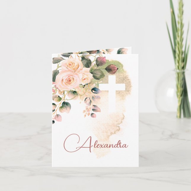 Invitation Baptême religieux Christening Photo Rose rose (Devant)