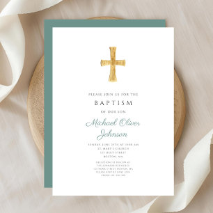 Invitation Baptême religieux garçon croix verte moderne