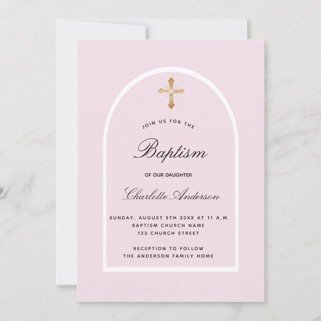 Invitation Baptême rose bébé arche élégante (Devant)