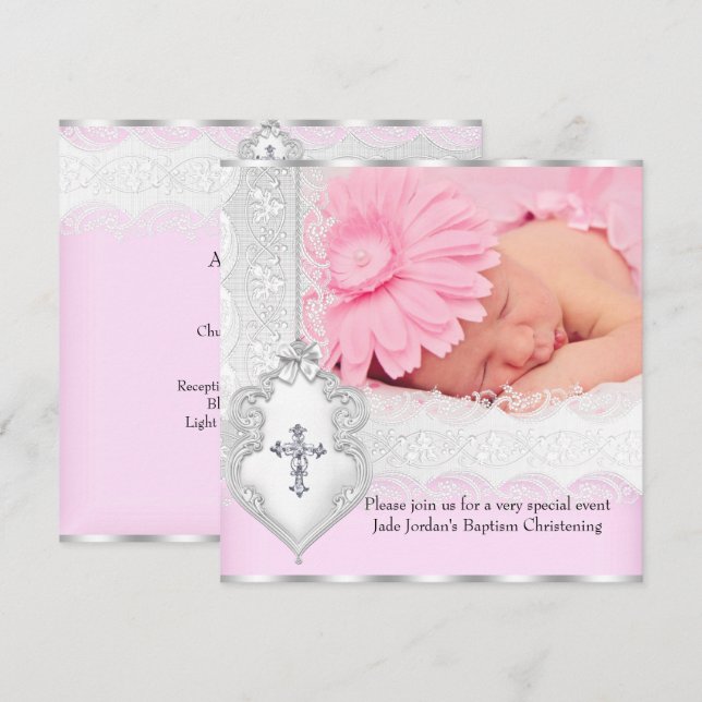 Invitation Baptême rose blanc dentelle photo Bijou Croix Fill (Devant / Derrière)