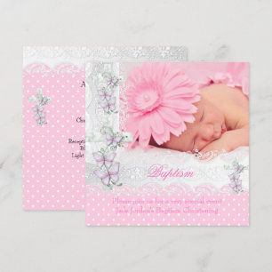 Invitation Baptême Rose Blanc Dentelle Photo Papillon Croix F