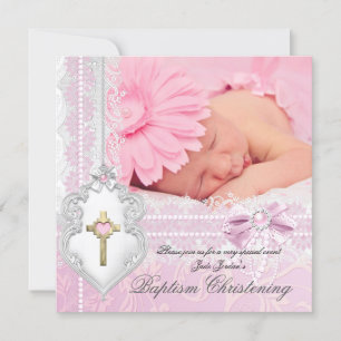 Invitation Baptême Rose Blanc Dentelle Photo Perle Croix Fill