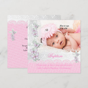 Invitation Baptême rose blanche dentelle photo papillon Croix