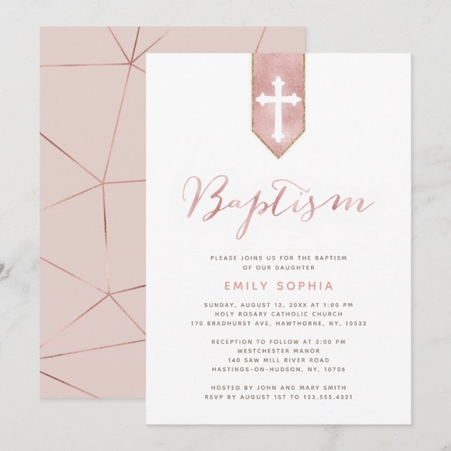 Invitation Baptême rose brillante (Devant / Derrière)