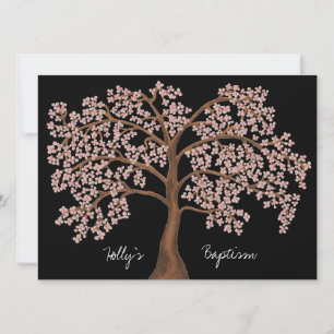 Invitation Baptême rose cerisier fleuri Arbre peinture