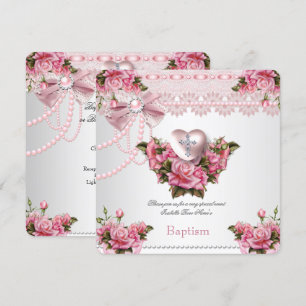 Invitation Baptême Rose Croix Coeur Argent Fille 5
