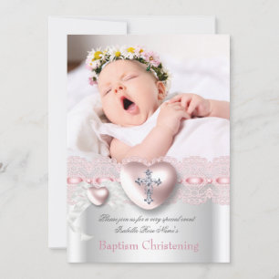 Invitation Baptême Rose Croix de Cœur en Argent Photo Fille
