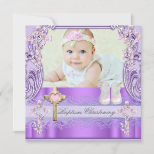 Invitation Baptême Rose Croix Violette Fille Photo Baptême