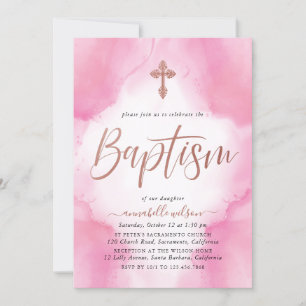 Invitation Baptême Rose D'Aquarelle Et Rose