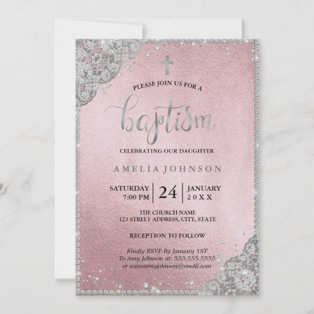 Invitation Baptême Rose d'argent diamant dentelle d'or croisé (Devant)
