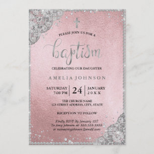 Invitation Baptême Rose d'argent diamant dentelle d'or croisé