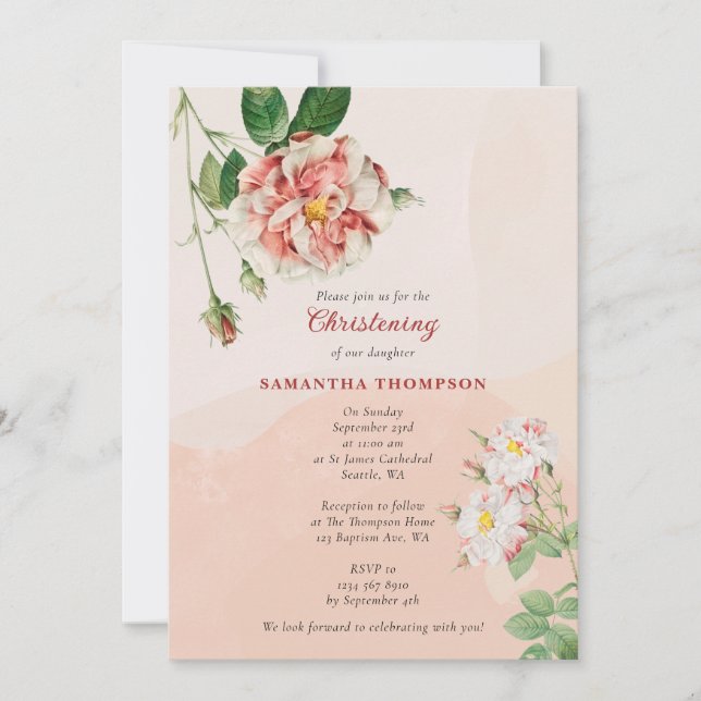 Invitation Baptême Rose de Bohême Christening Baby Girl (Devant)