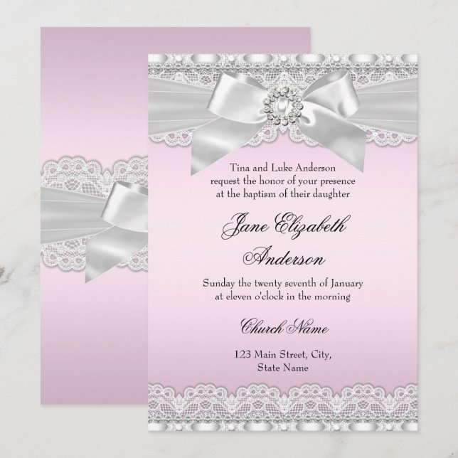Invitation Baptême rose dentelle diamant (Devant / Derrière)