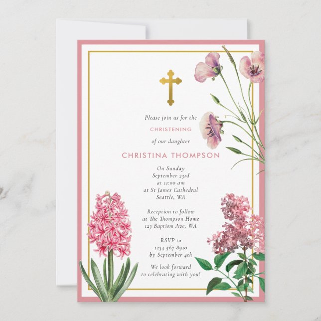 Invitation Baptême rose et or Baptême Christening Girl (Devant)