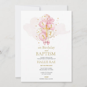 Invitation Baptême rose et or et 1er anniversaire