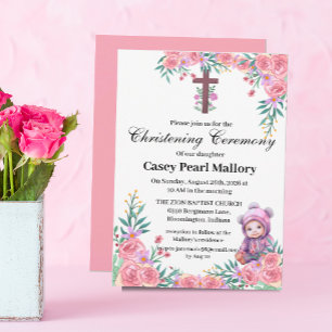 Invitation Baptême rose Floral