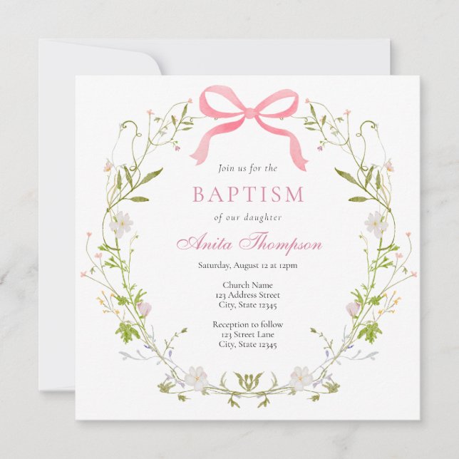 Invitation Baptême rose floral (Devant)