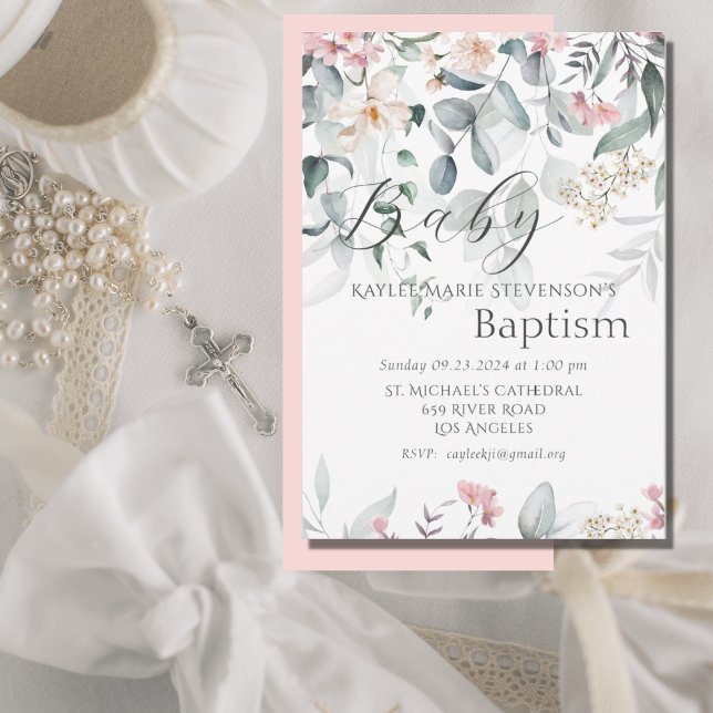 Invitation Baptême rose Floral Baby Girl Baby (Créateur téléchargé)