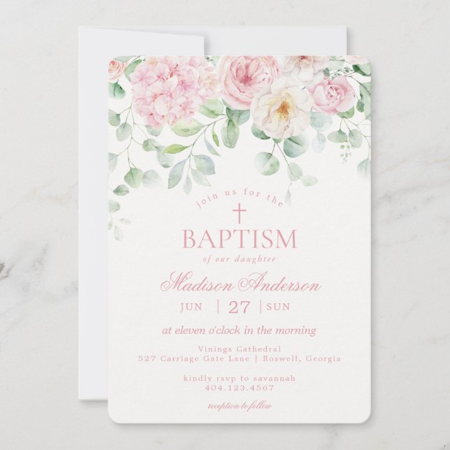 Invitation Baptême rose Floral Hydrangea Botanical Blooms (Devant)