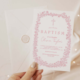 Invitation Baptême Rose Floral Toile Vintage