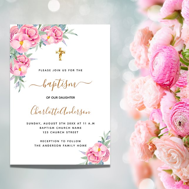 Invitation Baptême rose floraux rose or fille élégante (Créateur téléchargé)