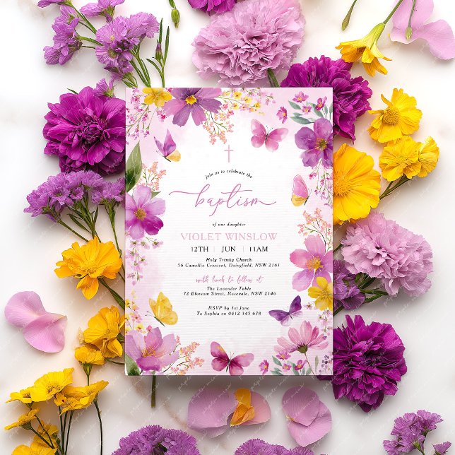 Invitation Baptême rose Fuchsia brillant Christening Floral (Purple Yellow Baptism Invitation )