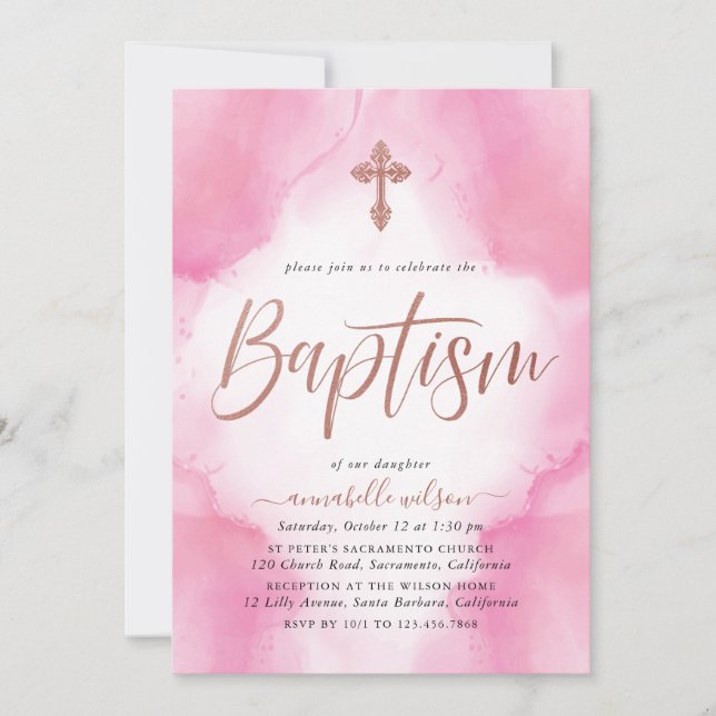 Invitation Baptême rose Gold Et Rose Watercolor Girl (Devant)
