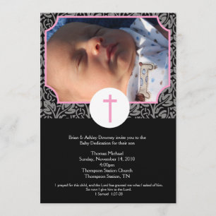 Invitation Baptême rose/gris/noir Dédicace bébé 5x7 photo